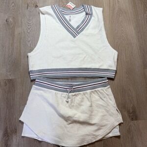 Free People FP Movement Match Point Set Ivory Varsity‎ stripe XL top skort short